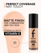 flormar Perfect Coverage Mat Touch Foundation mattító alapozó kombinált és zsíros bőrre árnyalat 308 Fair Ivory 30 ml