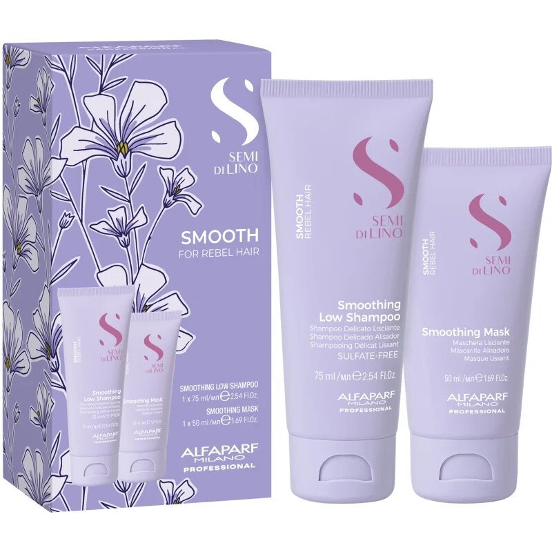 Alfaparf Milano Semi di Lino Smooth Minisize Kit utazó szett kozmetikumokra a rakoncátlan és töredezett hajra