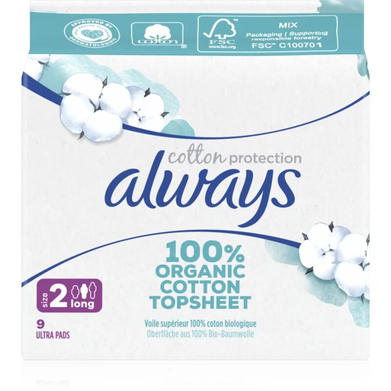 Always Cotton Protection Long egészségügyi betétek parfümmentes 9 db