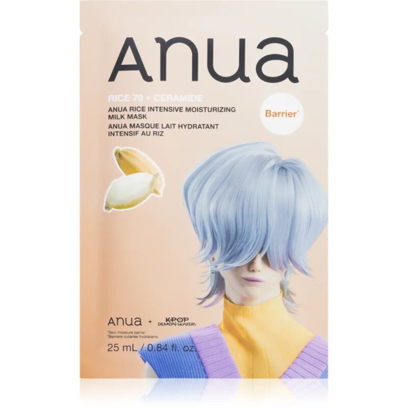 Anua K-Pop Demon Hunters Rice 70 + Ceramide bőrápoló fátyolmaszk a bőrgát erősítésére 25 ml