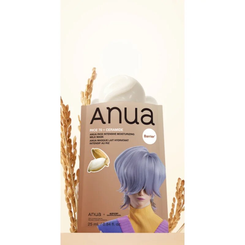 Anua K-Pop Demon Hunters Rice 70 + Ceramide bőrápoló fátyolmaszk a bőrgát erősítésére 25 ml