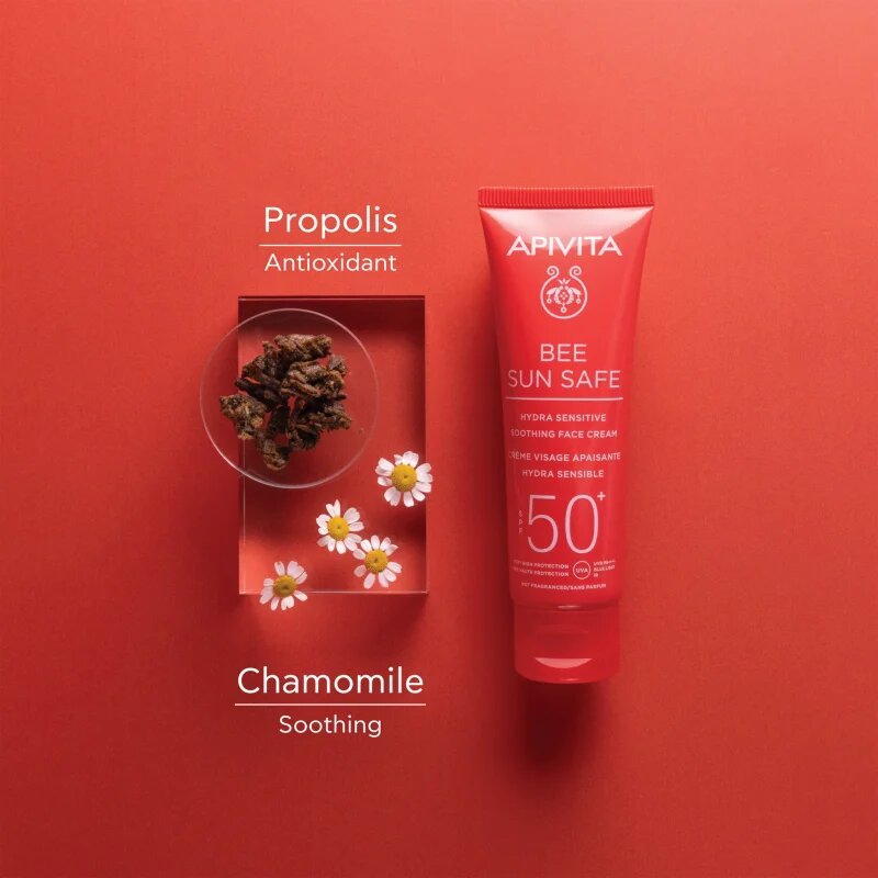 Apivita Bee Sun Safe Hydra Sensitive Soothing Face Cream SPF50+ nyugtató és hidratáló krém SPF 50+ 50 ml