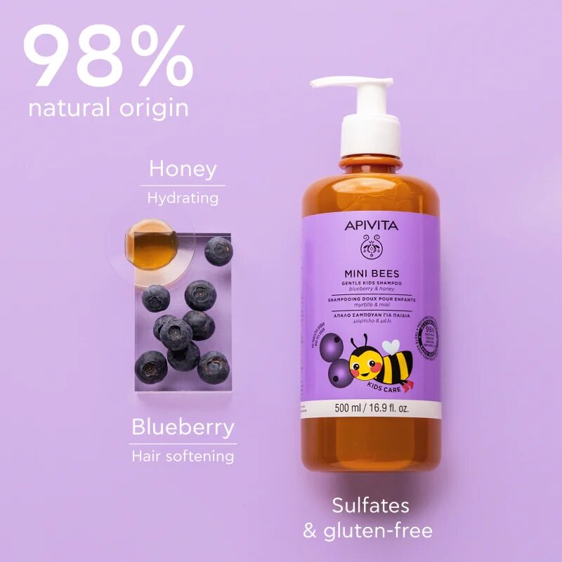 Apivita Mini Bees Gentle Kids Shampoo Blueberry & Honey sampon világos hajra gyermekeknek 500 ml