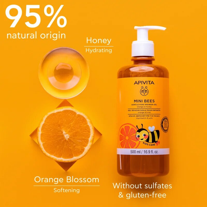 Apivita Mini Bees Gentle Kids Shower Gel Orange&Honey tusfürdő gél testre és hajra gyermekeknek 500 ml