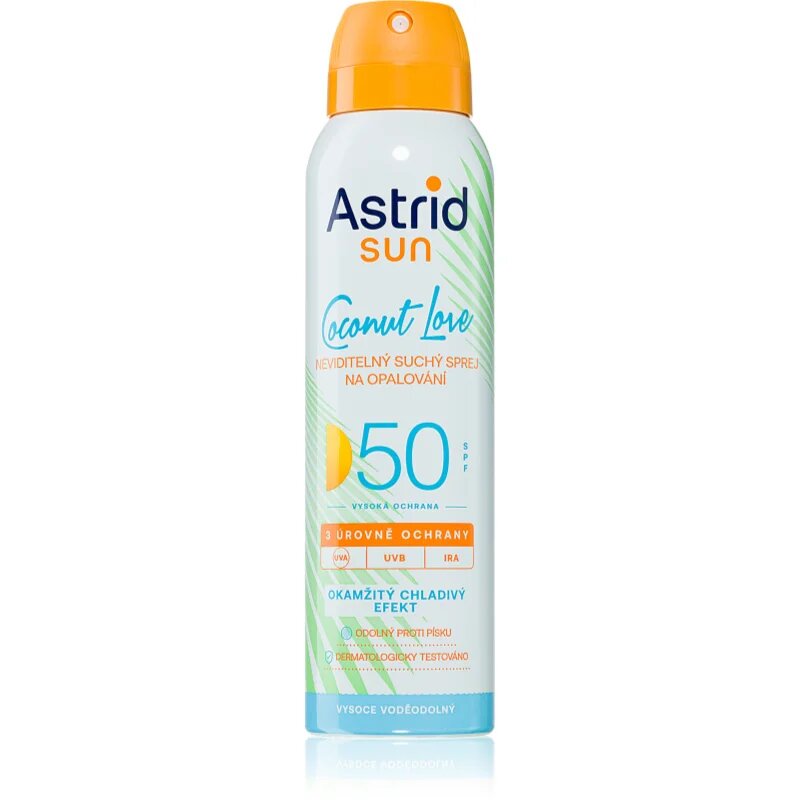 Astrid Sun Coconut Love hűsítő láthatatlan napozó spray SPF 50 magas UV védelemmel 150 ml