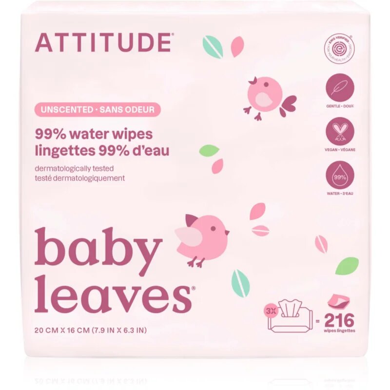 Attitude Baby Leaves Water Wipes nedves törlőkendők illatmentes 3x72 db