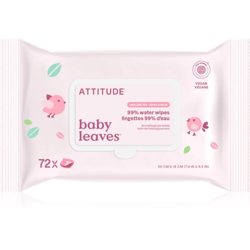 Attitude Baby Leaves Water Wipes nedves törlőkendők illatmentes 72 db