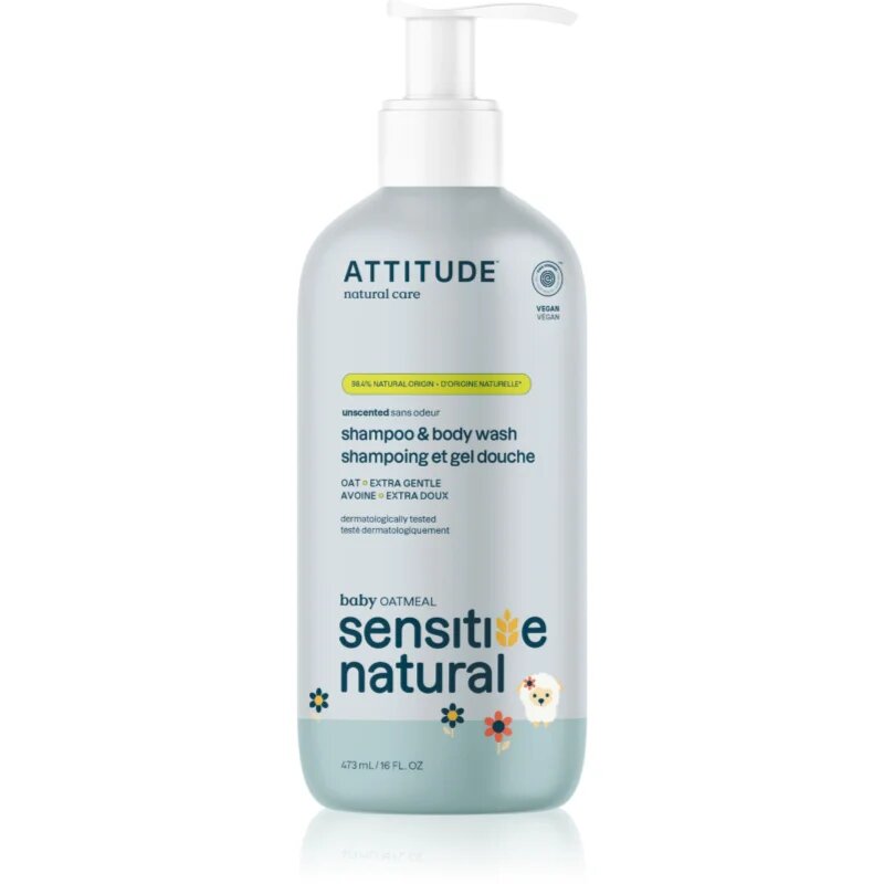 Attitude Sensitive Natural Baby Oatmeal Sampon és lemosó 2 az 1-ben az érzékeny bőrre gyermekeknek 473 ml