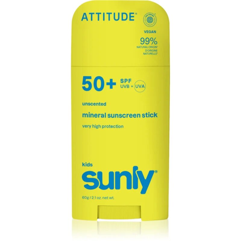 Attitude Sunly Kids Mineral Sunscreen Stick SPF 50+ ásványi védőkrém arcra és testre stift gyermekeknek 60 g