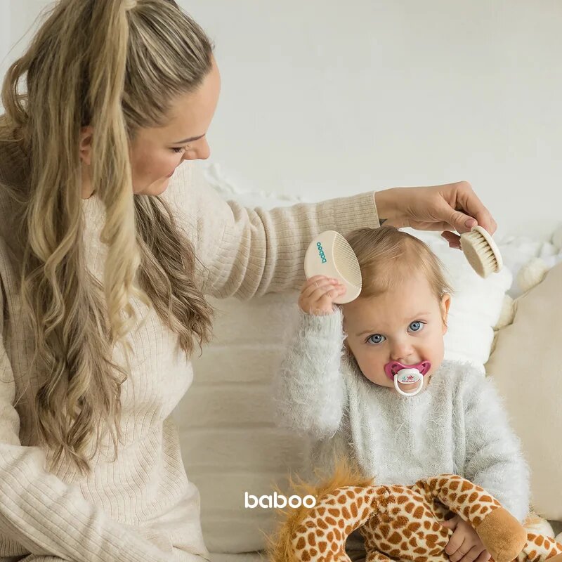 Baboo Baby Hair Brush and Comb Set szett hajra gyermekeknek születéstől kezdődően Beige 2 db