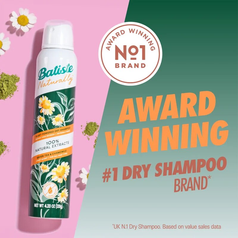 Batiste Naturally Green tea & Chamomile száraz sampon a felesleges faggyú felszívódásáért és a haj frissítéséért 200 ml