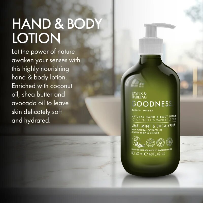 Baylis & Harding Goodness Awaken Senses kéz és testápoló krém frissítő hatással illatok Lime Mint & Eucalyptus 500 ml