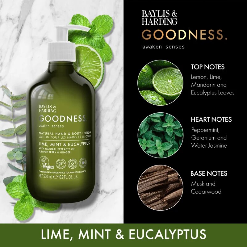 Baylis & Harding Goodness Awaken Senses kéz és testápoló krém frissítő hatással illatok Lime Mint & Eucalyptus 500 ml