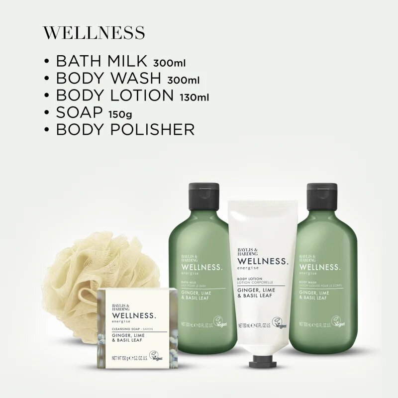 Baylis & Harding Wellness. Energise ajándékszett kozmetikai táska Ginger Lime & Basil Leaf