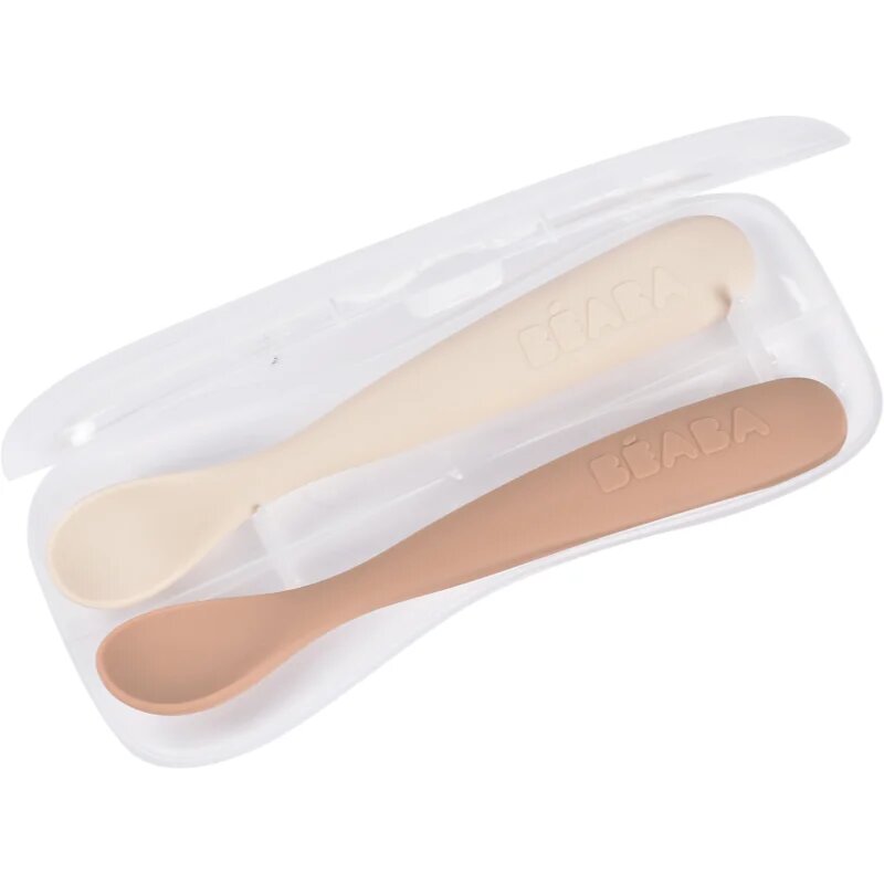 Beaba Set of 2 Ergonomic Spoons kiskanál tokkal Clay Praline 4m+ 2 db