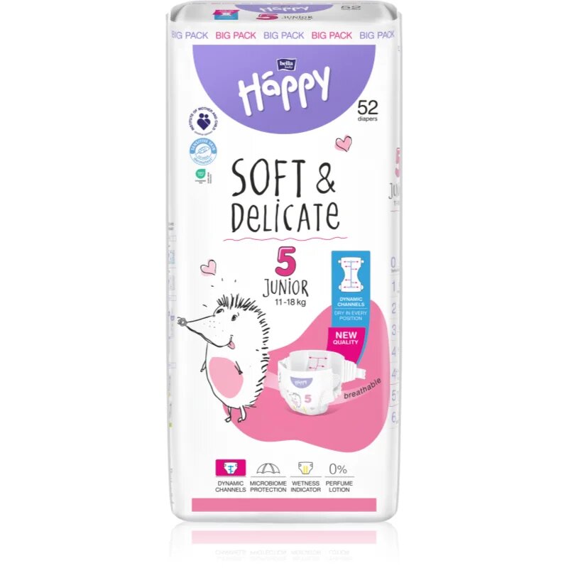 BELLA Baby Happy Soft&Delicate eldobható pelenkák nedvességelvezető csatornákkal 11-18 kg 52 db