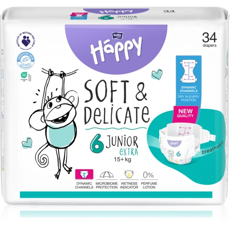 BELLA Baby Happy Soft&Delicate eldobható pelenkák nedvességelvezető csatornákkal Junior Extra 15+ kg 34 db
