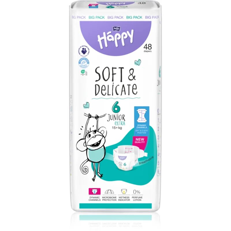BELLA Baby Happy Soft&Delicate eldobható pelenkák nedvességelvezető csatornákkal Junior Extra 15+ kg 48 db