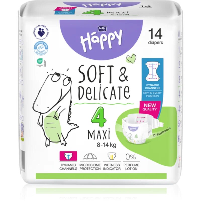BELLA Baby Happy Soft&Delicate eldobható pelenkák nedvességelvezető csatornákkal Maxi 8-14 kg 14 db