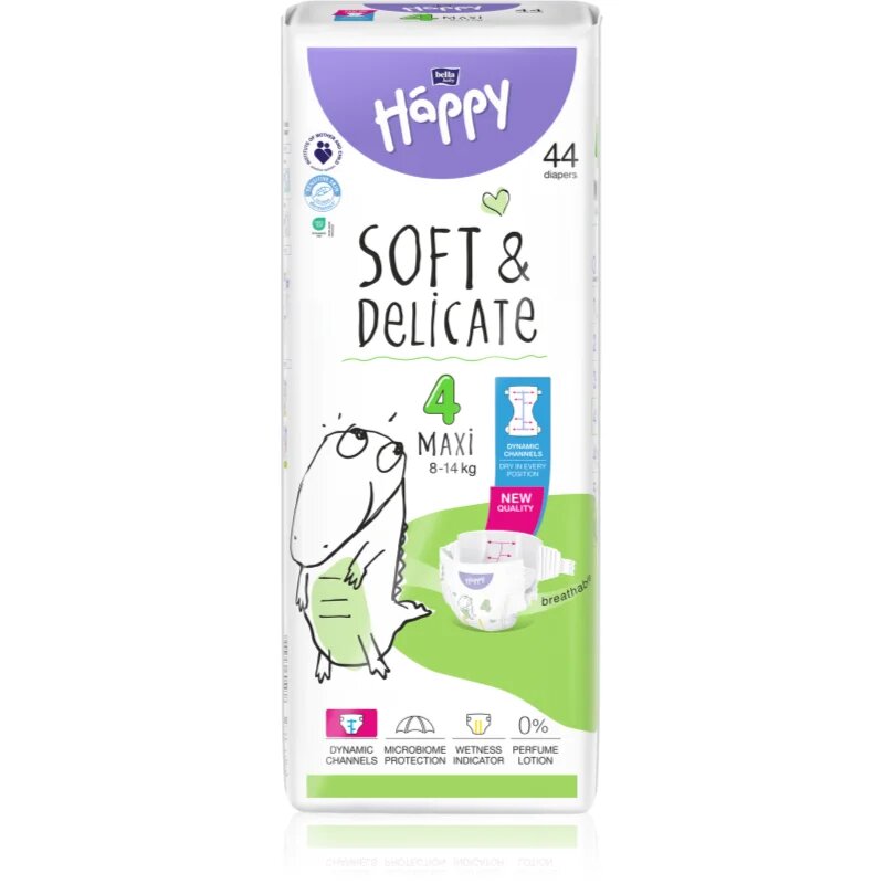 BELLA Baby Happy Soft&Delicate eldobható pelenkák nedvességelvezető csatornákkal Maxi 8-14 kg 44 db