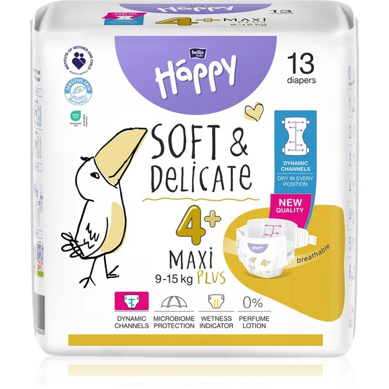 BELLA Baby Happy Soft&Delicate eldobható pelenkák nedvességelvezető csatornákkal Maxi Plus 9-15 kg 13 db