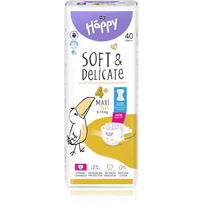 BELLA Baby Happy Soft&Delicate eldobható pelenkák nedvességelvezető csatornákkal Maxi Plus 9-15 kg 40 db