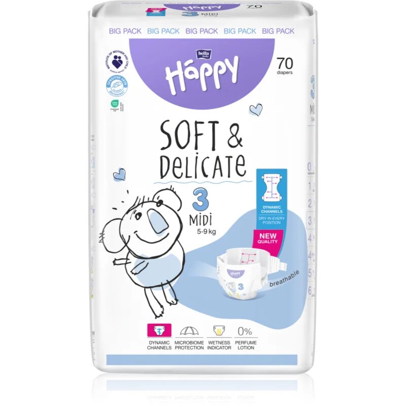 BELLA Baby Happy Soft&Delicate eldobható pelenkák nedvességelvezető csatornákkal Midi 5-9 kg 70 db