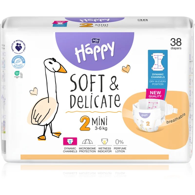 BELLA Baby Happy Soft&Delicate eldobható pelenkák nedvességelvezető csatornákkal Mini 3-6 kg 38 db