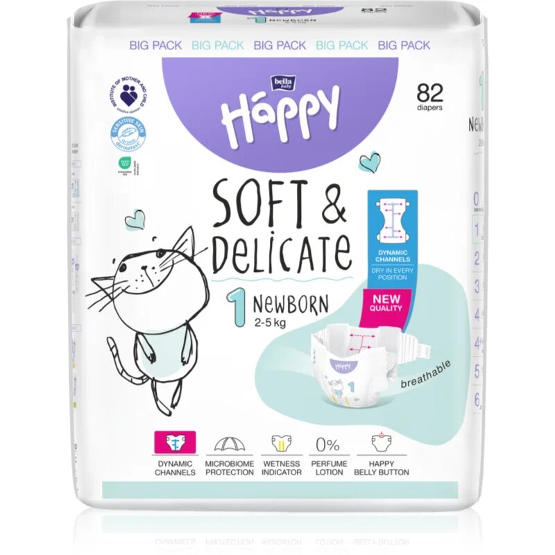 BELLA Baby Happy Soft&Delicate eldobható pelenkák nedvességelvezető csatornákkal Newborn 2-5 kg 82 db