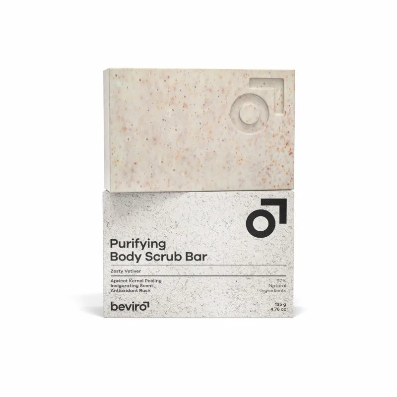 Beviro Purifying Body Scrub Bar Zesty Vetiver Szilárd szappan bőrradírral 135 g