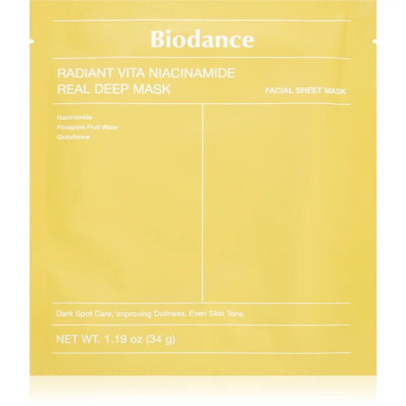 Biodance Radiant Vita Niacinamide Real Deep Mask élénkítő arcmaszk egységesíti a bőrszín tónusait 1 db
