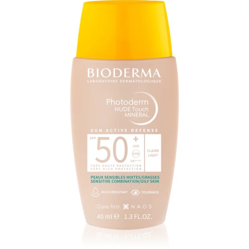 Bioderma Photoderm Nude Touch védő tonizáló folyadék kombinálttól zsíros bőrig SPF 50+ árnyalat Light Colour 40 ml