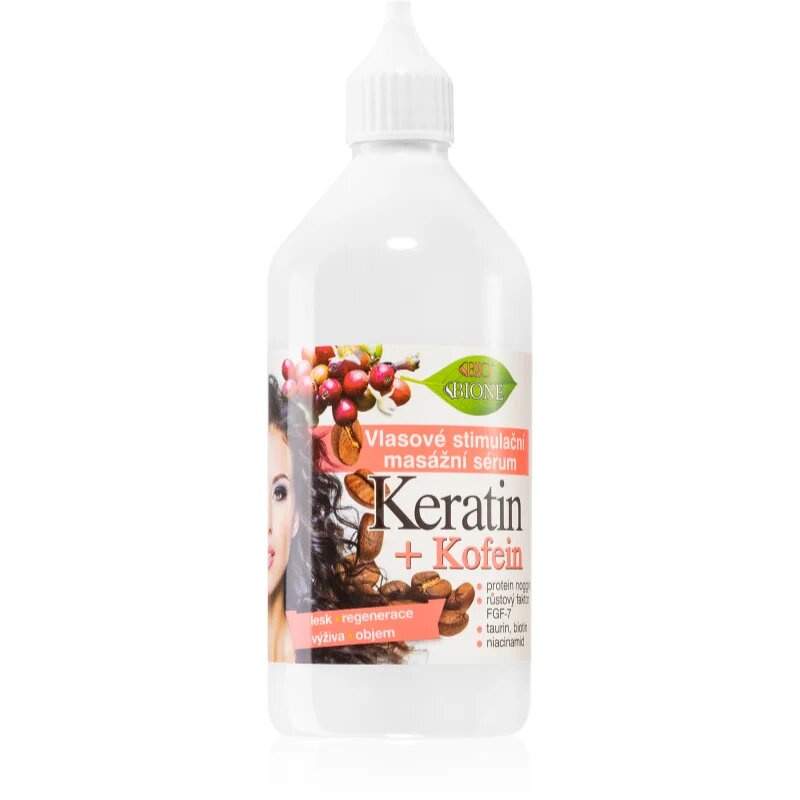 Bione Cosmetics Keratin + Caffeine szérum a haj növekedéséért és megerősítéséért a hajtövektől kezdve 215 ml