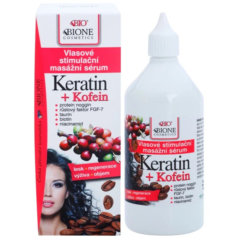 Bione Cosmetics Keratin + Caffeine szérum a haj növekedéséért és megerősítéséért a hajtövektől kezdve 215 ml