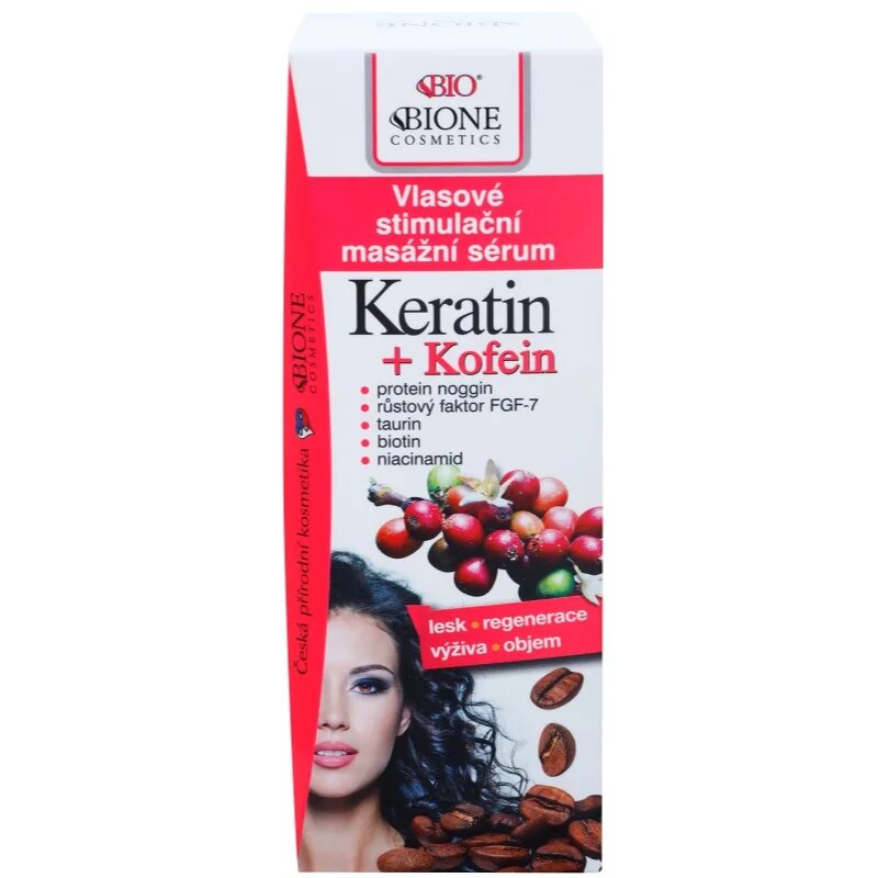 Bione Cosmetics Keratin + Caffeine szérum a haj növekedéséért és megerősítéséért a hajtövektől kezdve 215 ml