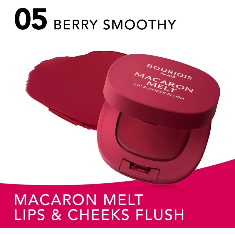 Bourjois Macaron Melt Lip & Cheek Flush arcpirosító 2 az 1-ben árnyalat 05 Berry Smoothy 5 g