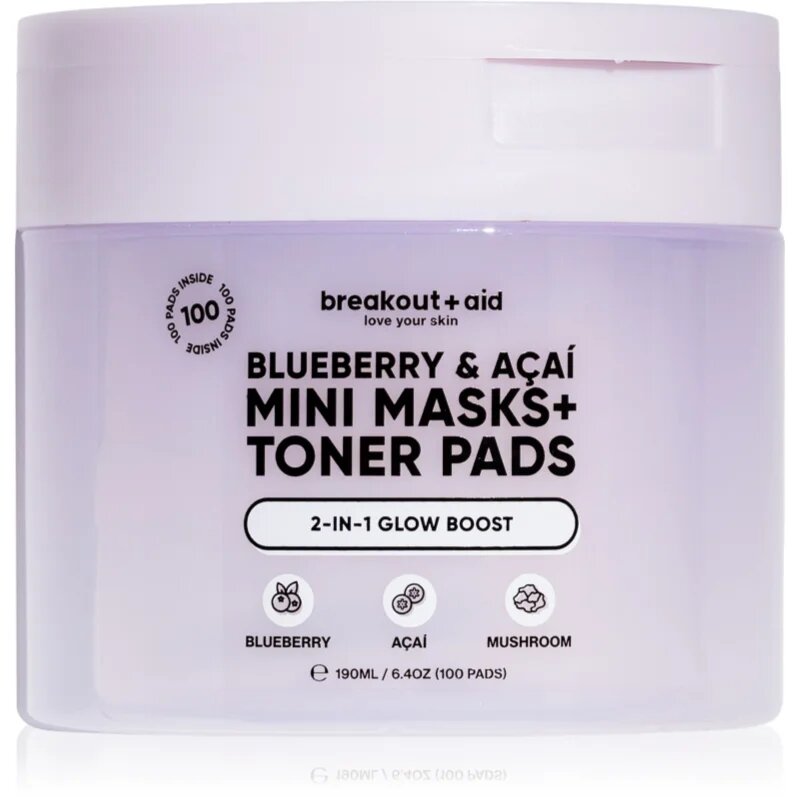 breakout + aid Mini Masks+Toner Pads Bluberry & Acai tonizáló párnák élénk és hidratált bőr 100 ml