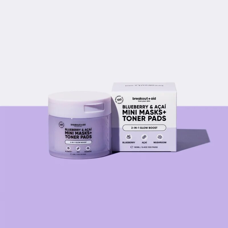 breakout + aid Mini Masks+Toner Pads Bluberry & Acai tonizáló párnák élénk és hidratált bőr 100 ml