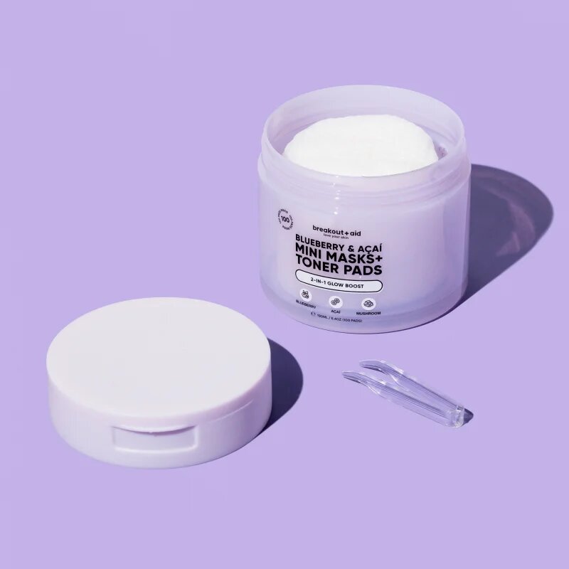 breakout + aid Mini Masks+Toner Pads Bluberry & Acai tonizáló párnák élénk és hidratált bőr 100 ml