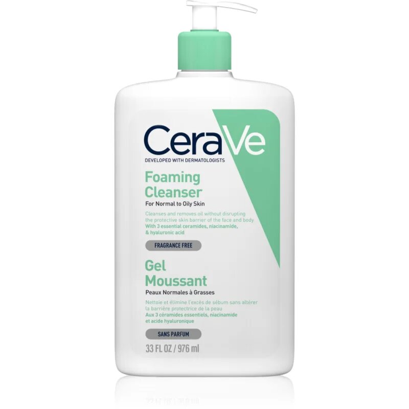 CeraVe Cleansers Foaming Cleanser tisztító habzó gél normál és zsíros bőrre 976 ml