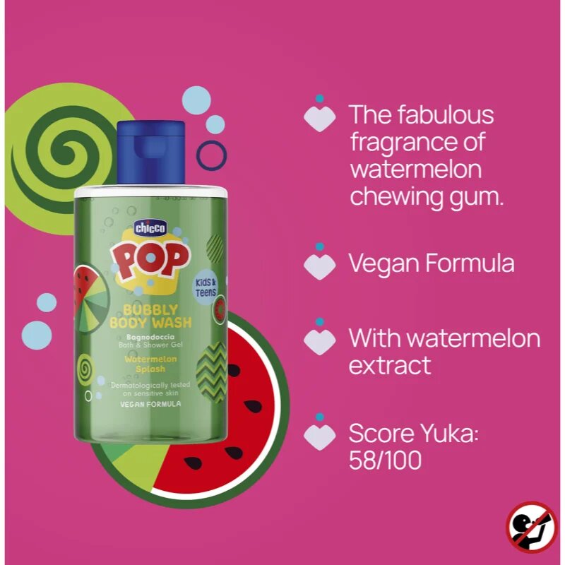 Chicco Pop Bubbly Body Wash tusoló- és fürdőgél gyermekeknek Watermelon Splash 300 ml