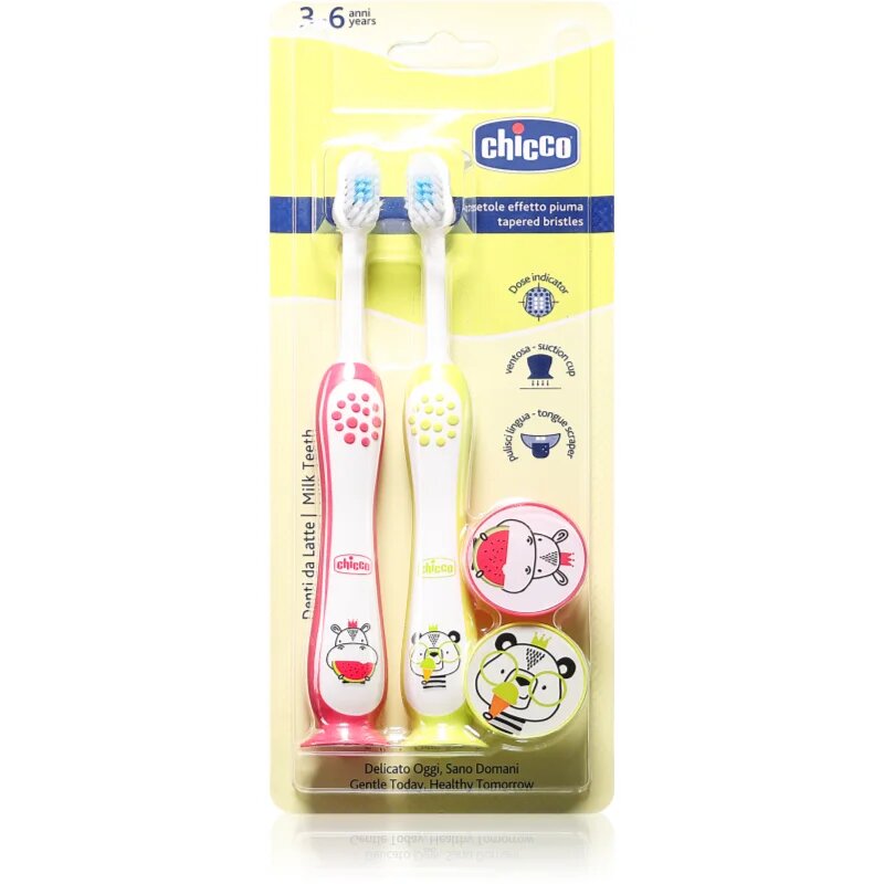 Chicco Toothbrush Set 3-6 y+ tapadókorongos fogkefe gyermekek számára Hippo-Panda