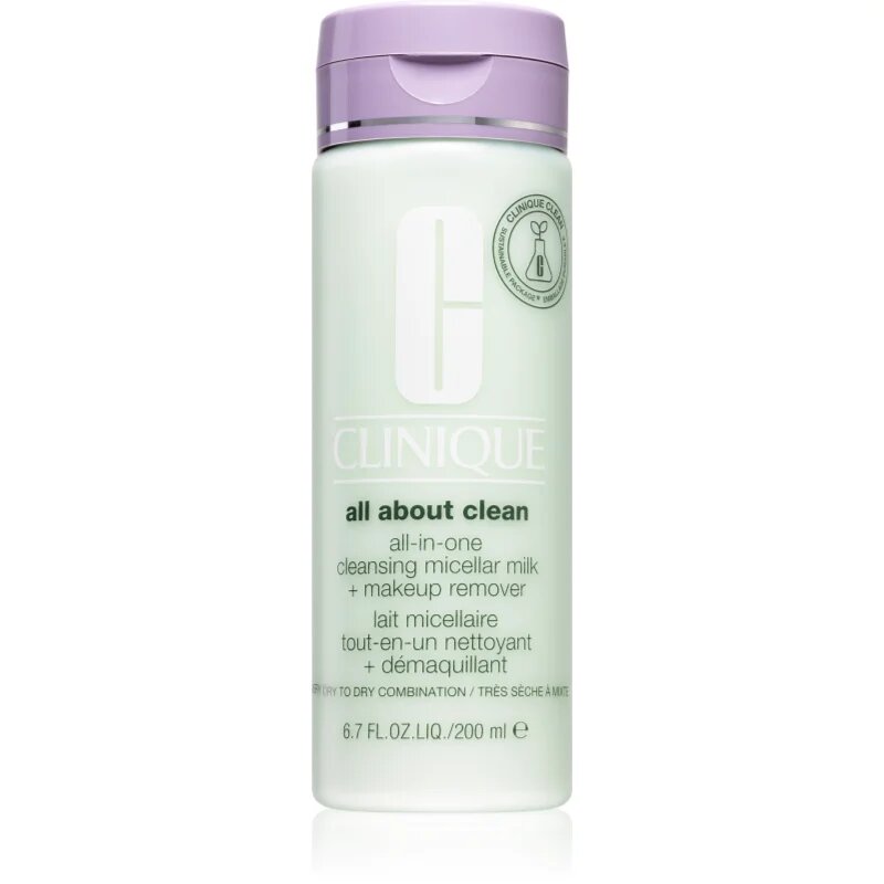 Clinique All About Clean™ All-in-One Cleansing Micellar Milk + Makeup Remover könnyű állagú tisztítótej száraz és nagyon száraz bőrre 200 ml