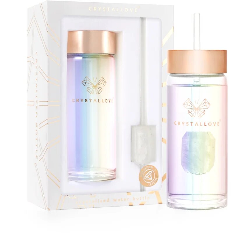 Crystallove Clear Quartz Straw Water Bottle Kulacs szívószállal Hologram 400 ml