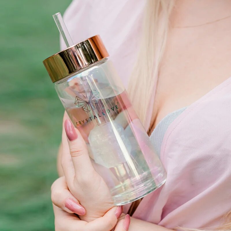 Crystallove Clear Quartz Straw Water Bottle Kulacs szívószállal Hologram 400 ml