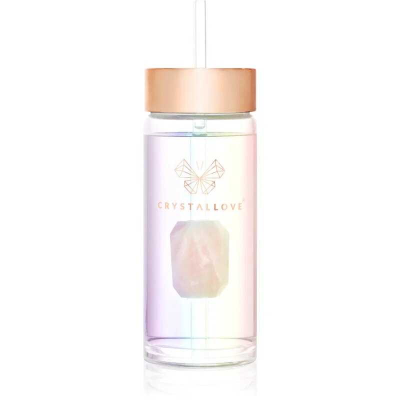 Crystallove Clear Quartz Straw Water Bottle Kulacs szívószállal Hologram - Rose Quartz 400 ml