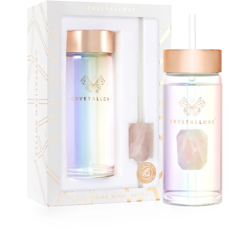 Crystallove Clear Quartz Straw Water Bottle Kulacs szívószállal Hologram - Rose Quartz 400 ml