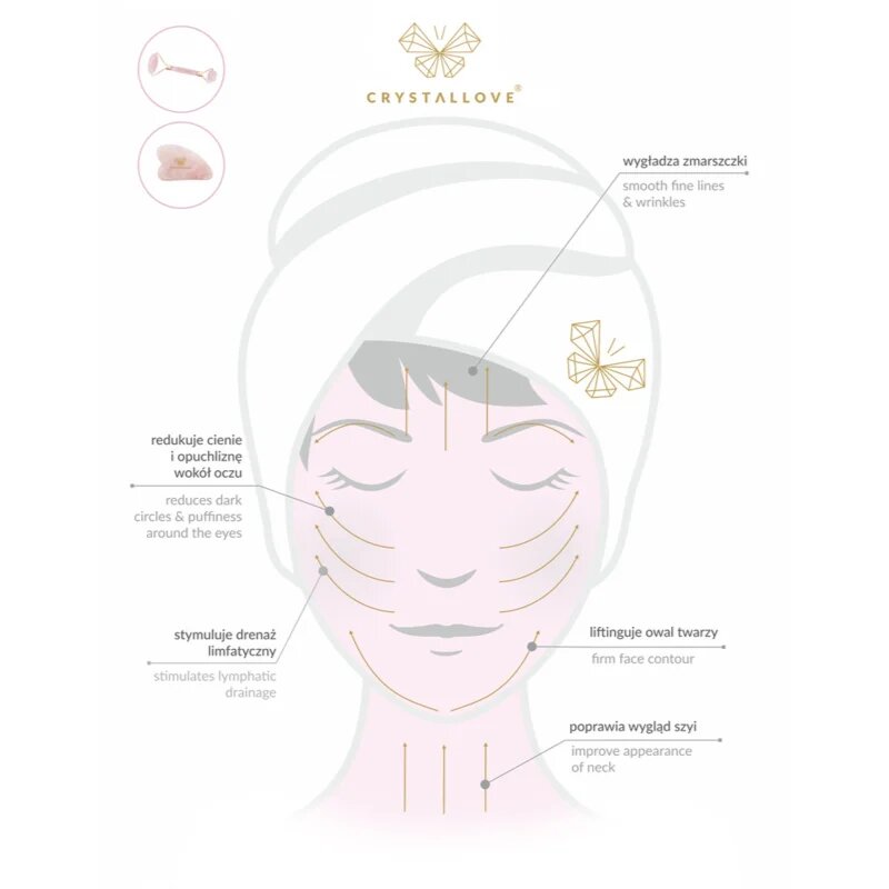 Crystallove Rose Quartz 3D Lift & Sculpt Facial Roller masszázs szegédeszköz 1 db