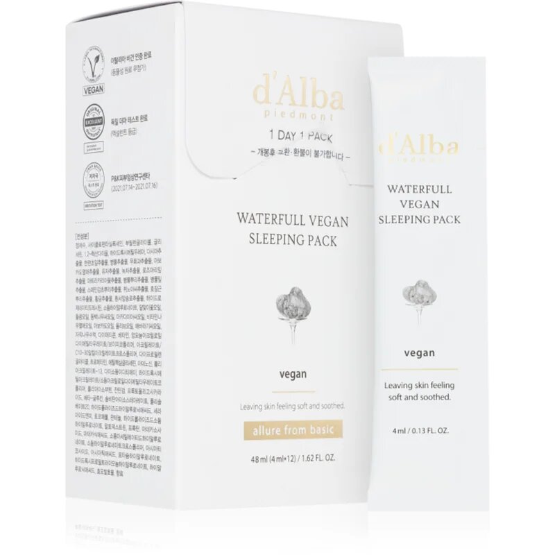 d'Alba Waterfull Vegan Sleeping Pack nyugtató hidratáló maszk éjszakára 4x12 ml