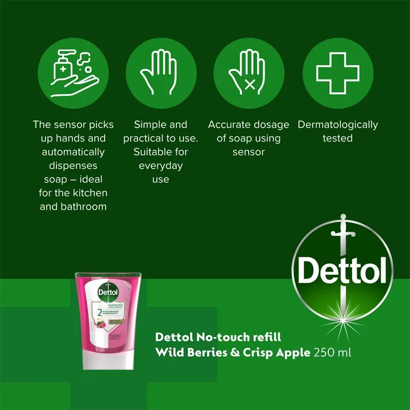 Dettol Energise Liquid Hand Wash Wild Berries & Crisp Apple érintésmentes szappanadagoló utántöltő 250 ml